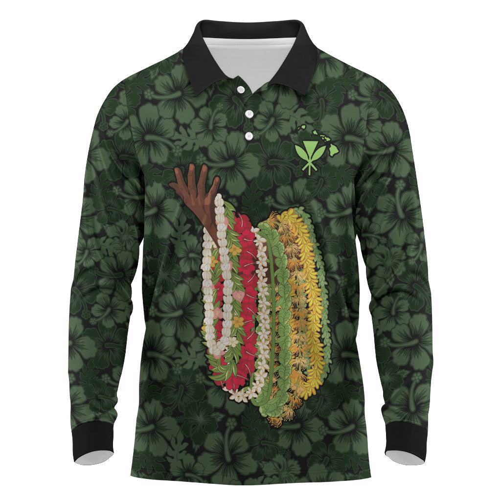Hawaii Lei Kamehameha Long Sleeve Polo Shirt Oma'oma'o Seamless Pattern Hibiscus Flower