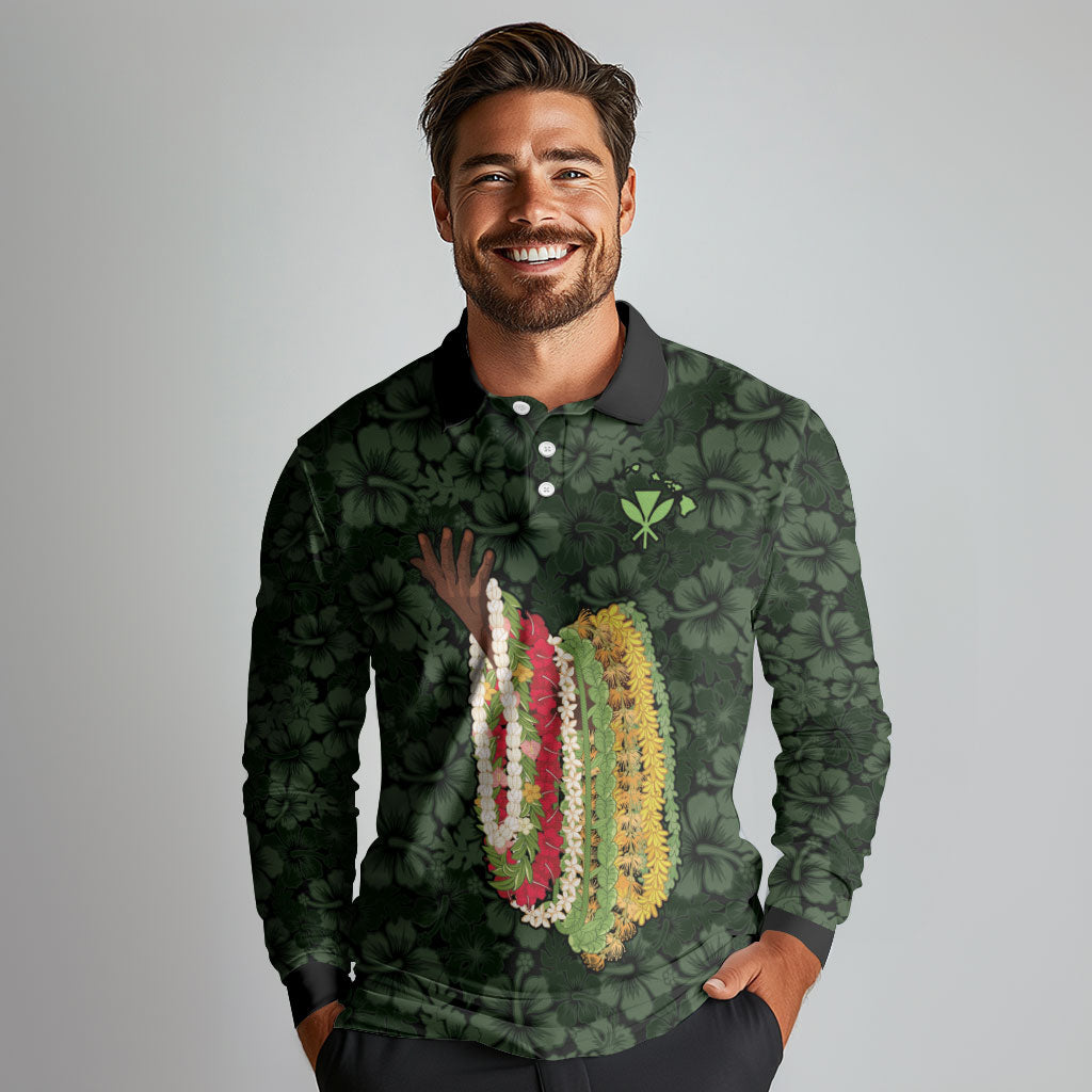 Hawaii Lei Kamehameha Long Sleeve Polo Shirt Oma'oma'o Seamless Pattern Hibiscus Flower