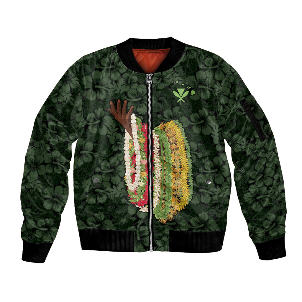 Hawaii Lei Kamehameha Sleeve Zip Bomber Jacket Oma'oma'o Seamless Pattern Hibiscus Flower