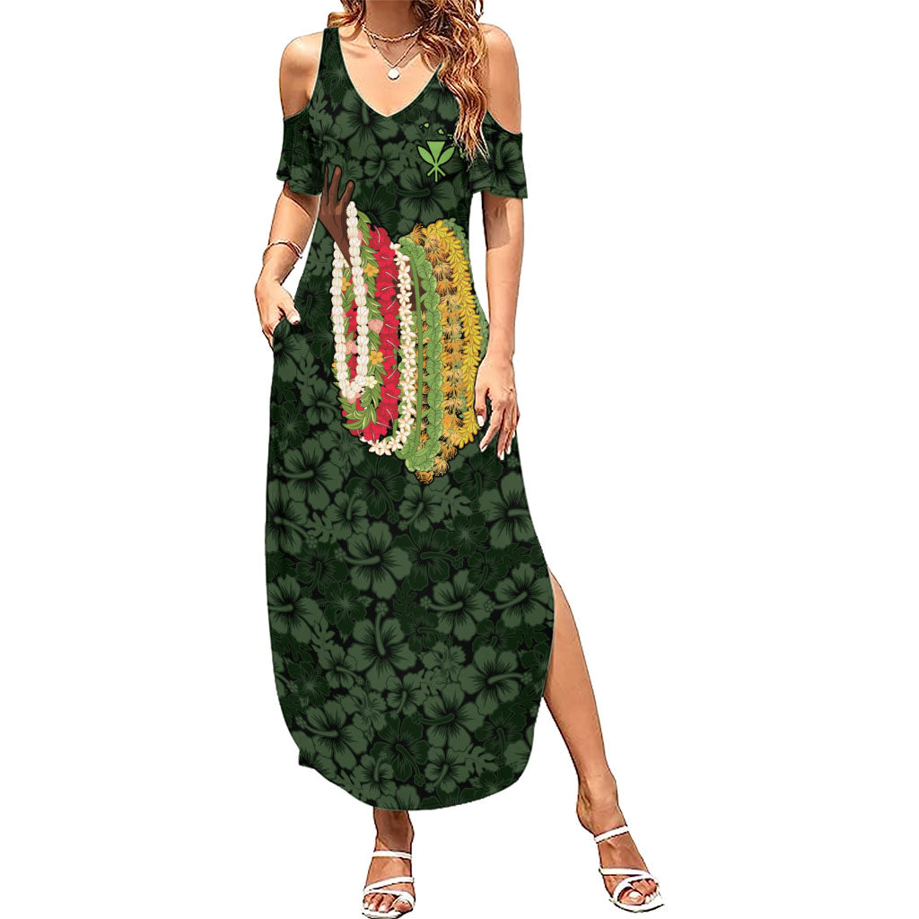 Hawaii Lei Kamehameha Summer Maxi Dress Oma'oma'o Seamless Pattern Hibiscus Flower