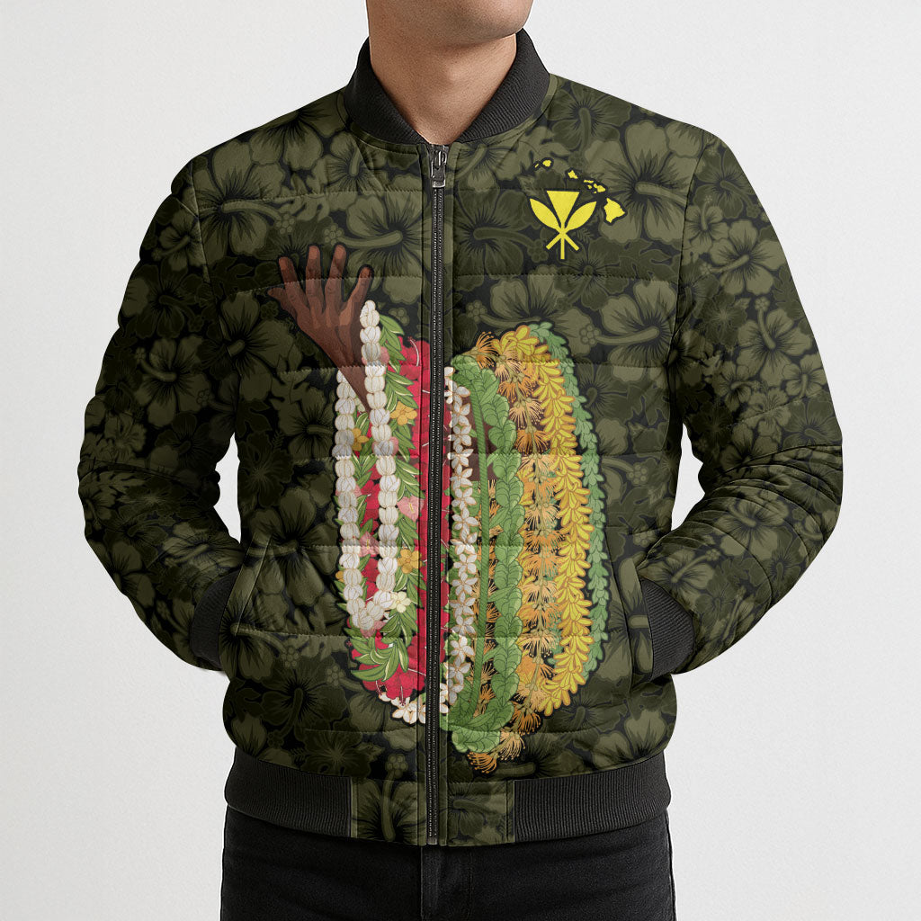 Hawaii Lei Kamehameha Bomber Puffer Jacket Melemele Seamless Pattern Hibiscus Flower