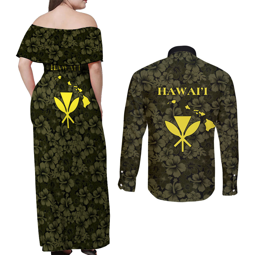 Hawaii Lei Kamehameha Couples Matching Off Shoulder Maxi Dress and Long Sleeve Button Shirt Melemele Seamless Pattern Hibiscus Flower