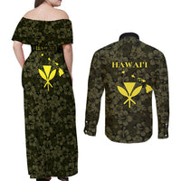Hawaii Lei Kamehameha Couples Matching Off Shoulder Maxi Dress and Long Sleeve Button Shirt Melemele Seamless Pattern Hibiscus Flower