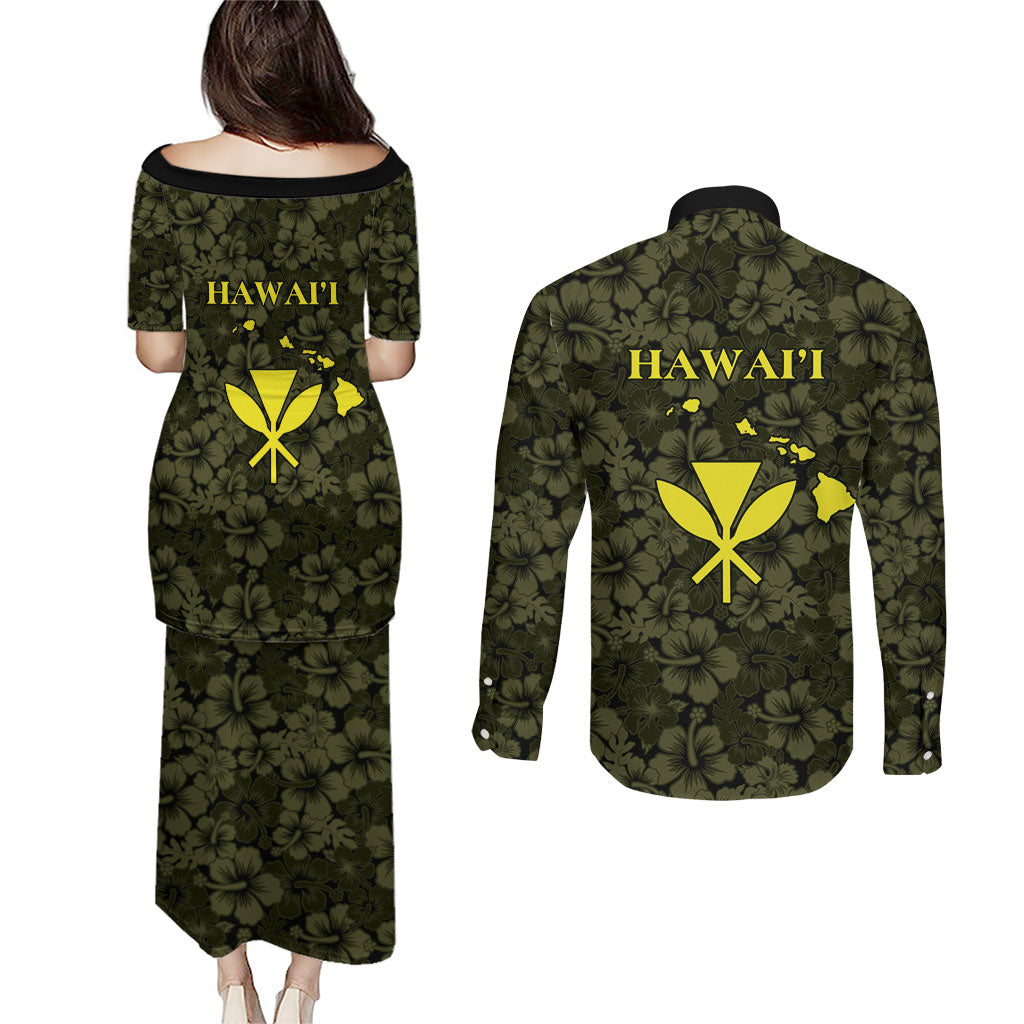 Hawaii Lei Kamehameha Couples Matching Puletasi and Long Sleeve Button Shirt Melemele Seamless Pattern Hibiscus Flower