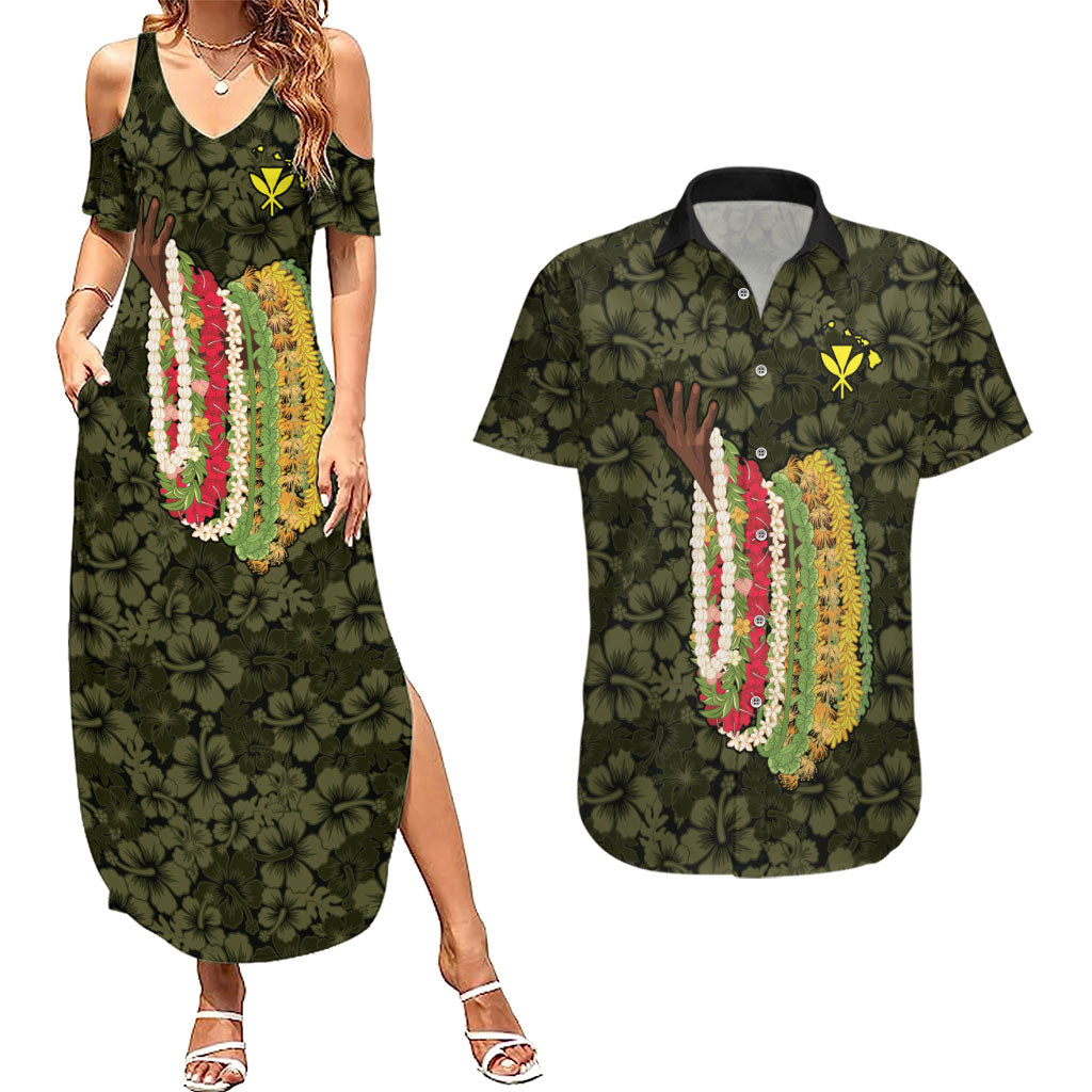 Hawaii Lei Kamehameha Couples Matching Summer Maxi Dress and Hawaiian Shirt Melemele Seamless Pattern Hibiscus Flower