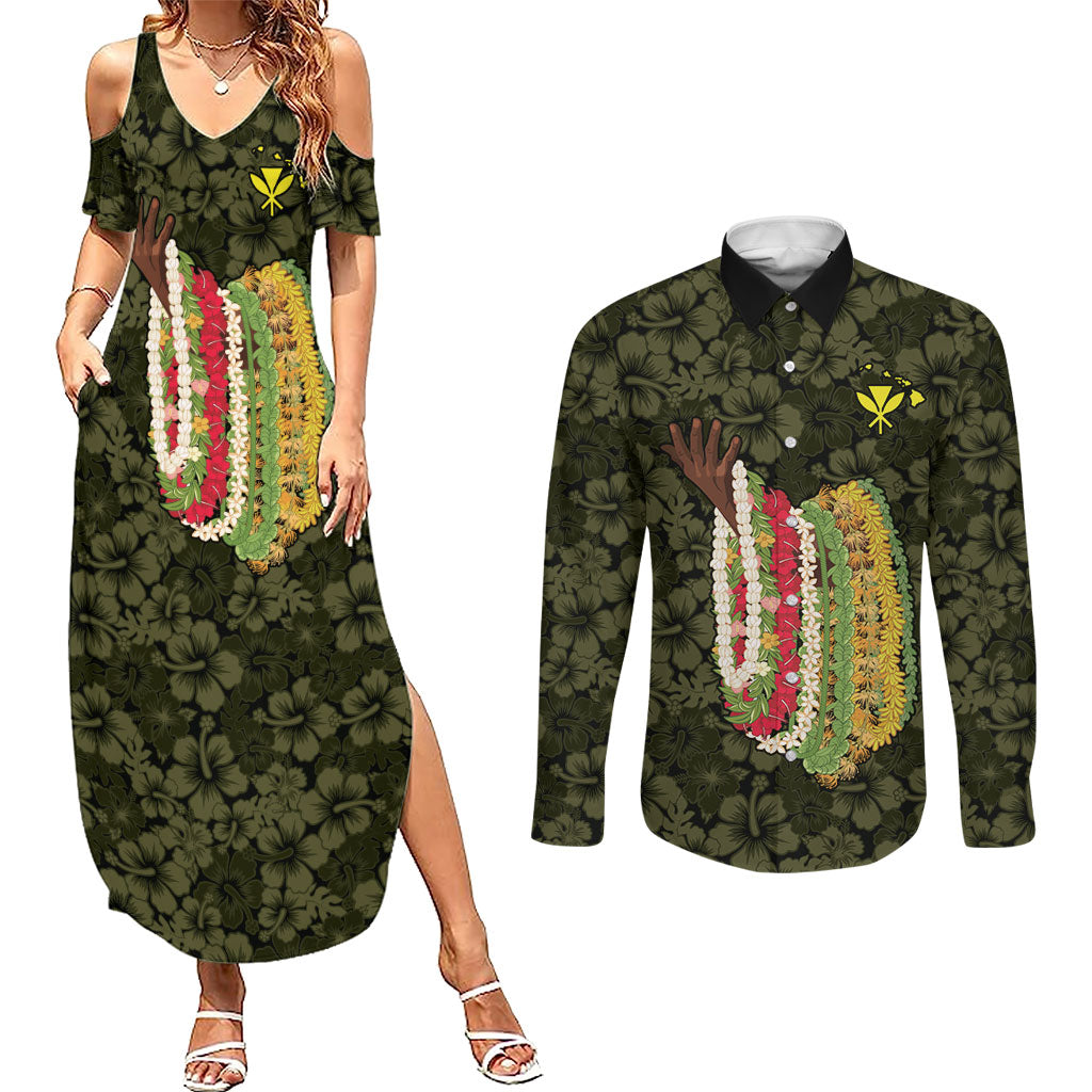 Hawaii Lei Kamehameha Couples Matching Summer Maxi Dress and Long Sleeve Button Shirt Melemele Seamless Pattern Hibiscus Flower