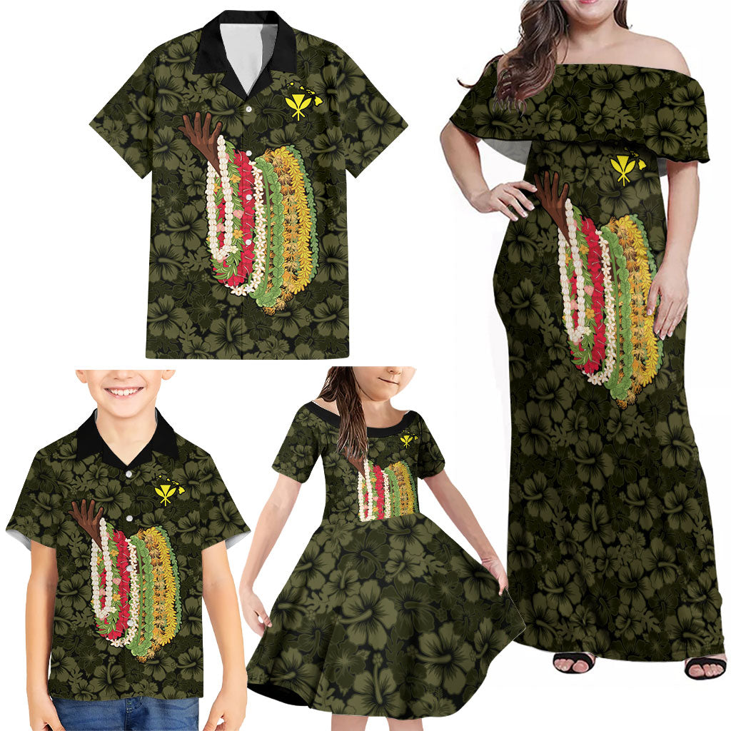 Hawaii Lei Kamehameha Family Matching Off Shoulder Maxi Dress and Hawaiian Shirt Melemele Seamless Pattern Hibiscus Flower