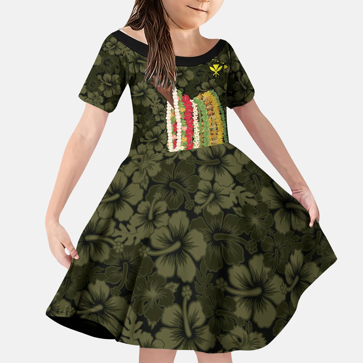 Hawaii Lei Kamehameha Kid Short Sleeve Dress Melemele Seamless Pattern Hibiscus Flower