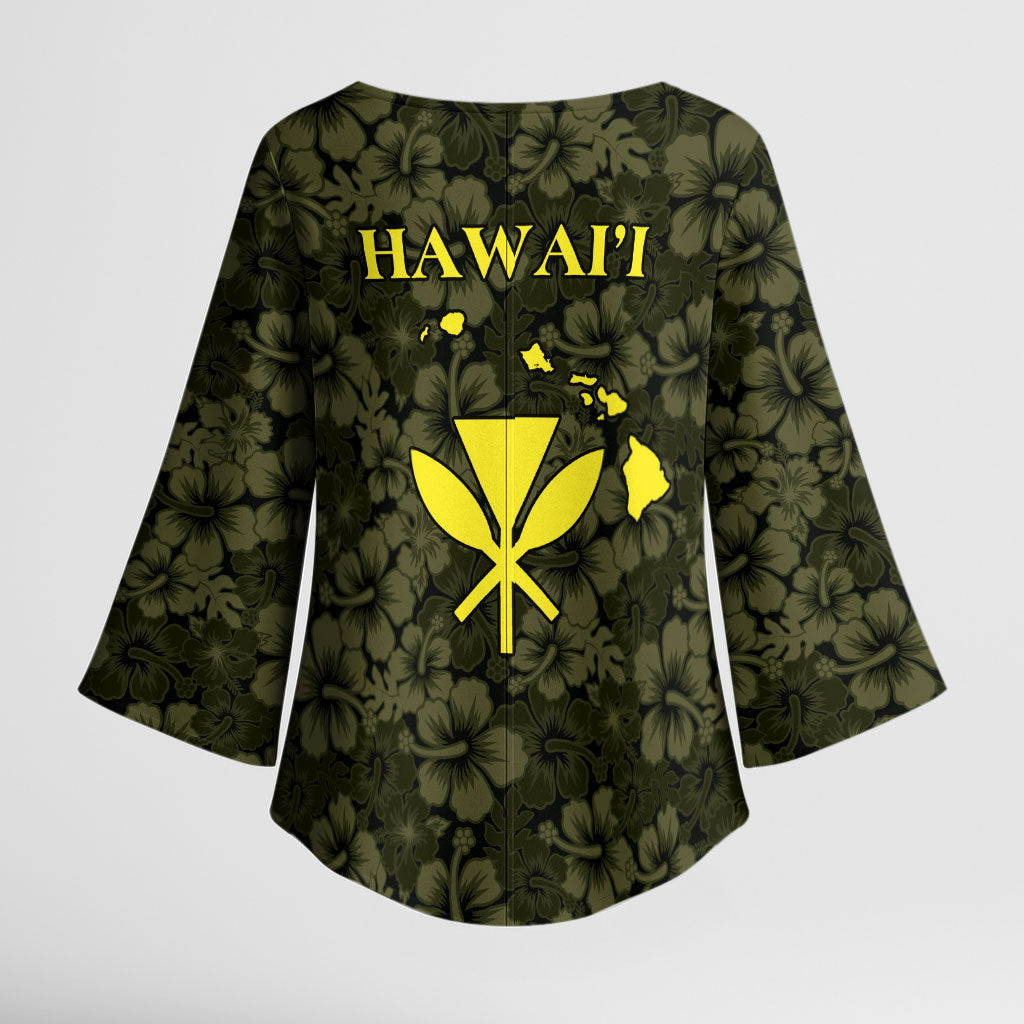 Hawaii Lei Kamehameha Kimono Sleeve Blouse Melemele Seamless Pattern Hibiscus Flower
