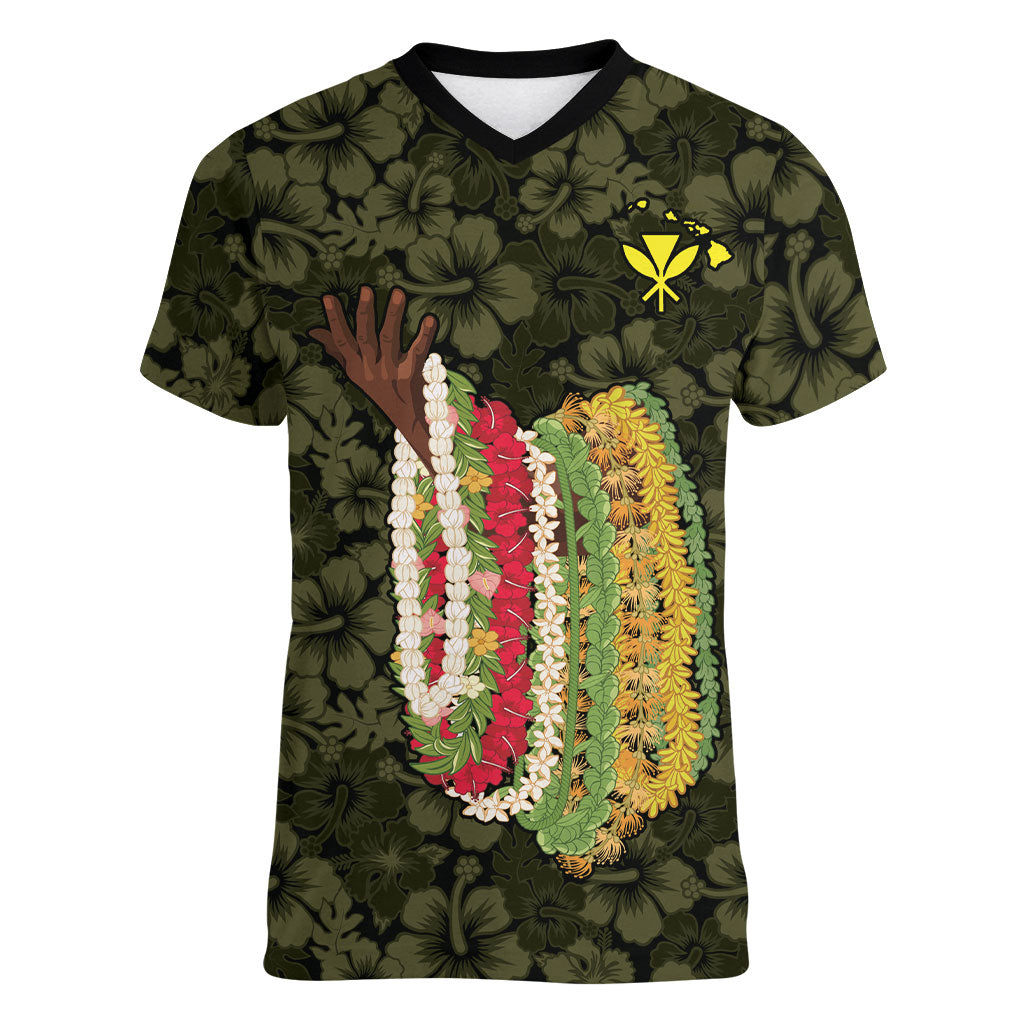 Hawaii Lei Kamehameha Women V-Neck T-Shirt Melemele Seamless Pattern Hibiscus Flower