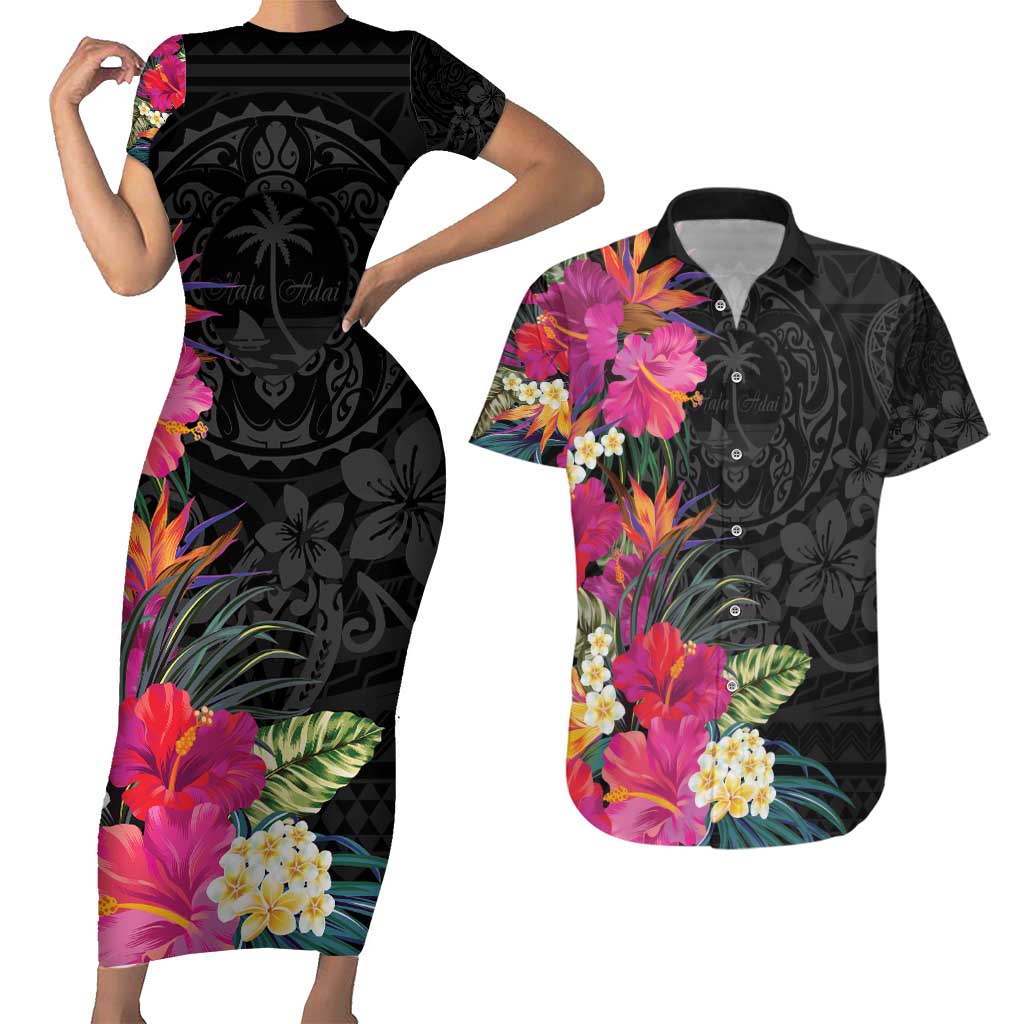 Hafa Adai Guam Couples Matching Short Sleeve Bodycon Dress and Hawaiian Shirt Tropical Flowers Colorful Vibes LT9 Black - Polynesian Pride
