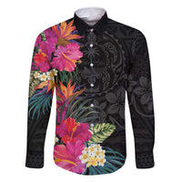 Hafa Adai Guam Family Matching Long Sleeve Bodycon Dress and Hawaiian Shirt Tropical Flowers Colorful Vibes LT9 Dad's Shirt - Long Sleeve Black - Polynesian Pride