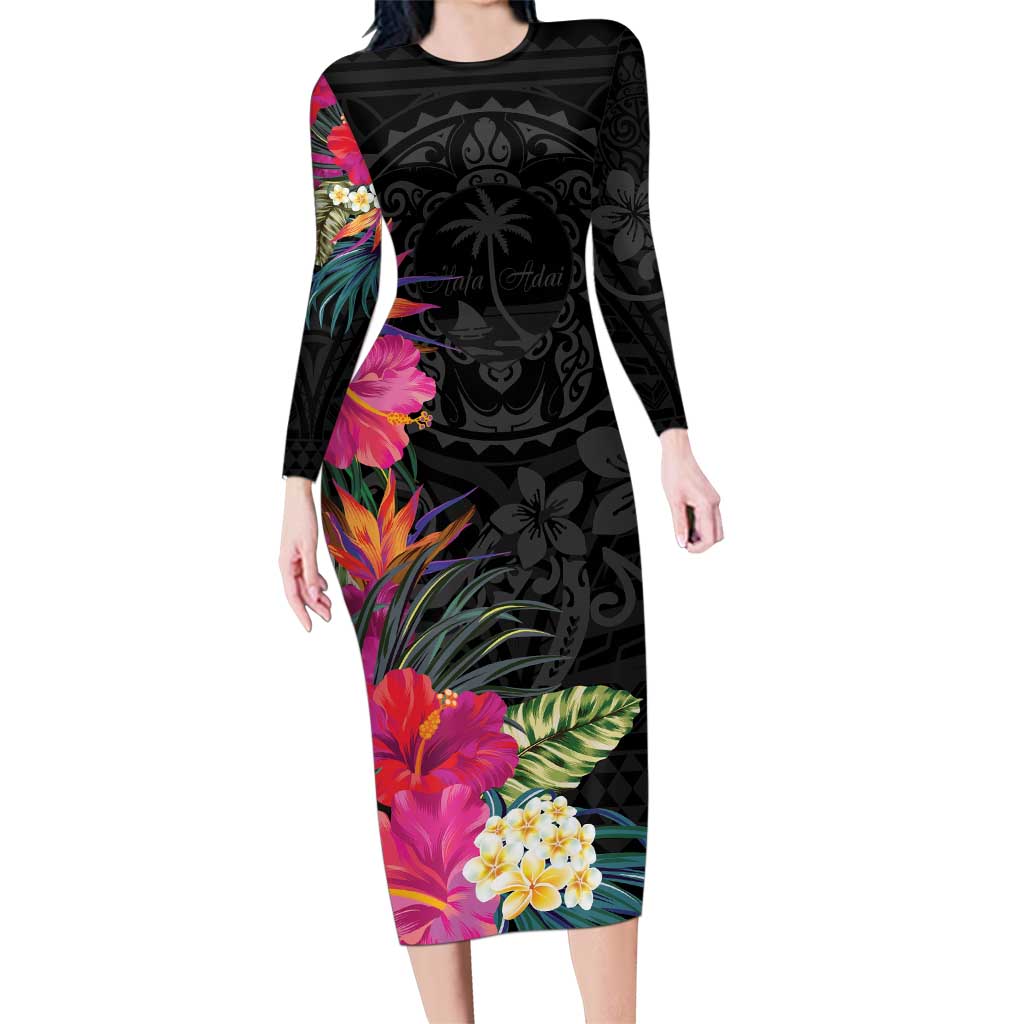Hafa Adai Guam Family Matching Long Sleeve Bodycon Dress and Hawaiian Shirt Tropical Flowers Colorful Vibes LT9 Mom's Dress Black - Polynesian Pride