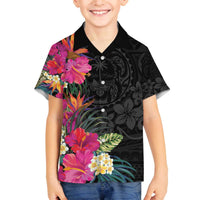 Hafa Adai Guam Family Matching Off The Shoulder Long Sleeve Dress and Hawaiian Shirt Tropical Flowers Colorful Vibes LT9 Son's Shirt Black - Polynesian Pride