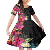 Hafa Adai Guam Family Matching Off Shoulder Maxi Dress and Hawaiian Shirt Tropical Flowers Colorful Vibes LT9 Daughter's Dress Black - Polynesian Pride