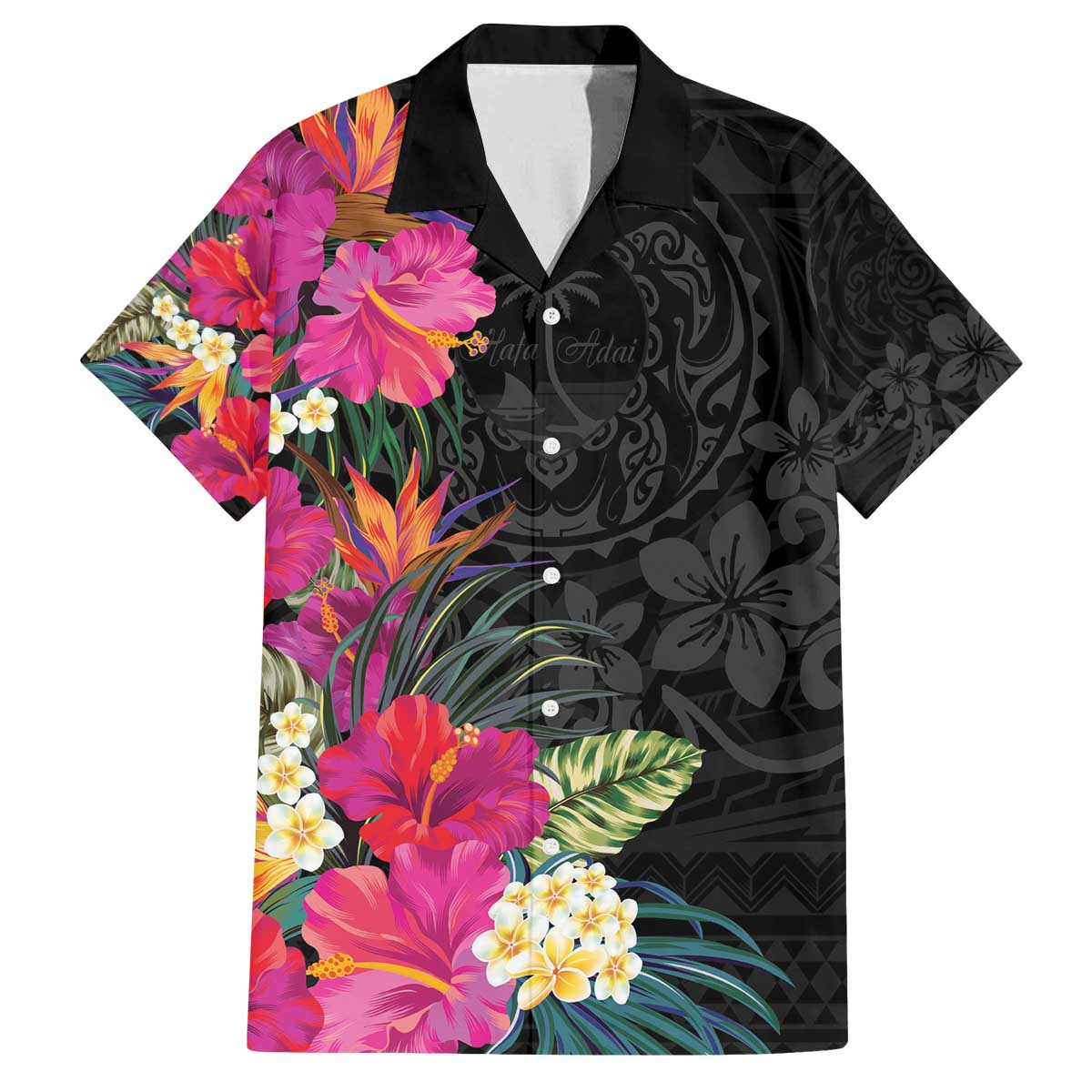 Hafa Adai Guam Family Matching Off Shoulder Short Dress and Hawaiian Shirt Tropical Flowers Colorful Vibes LT9 Dad's Shirt - Short Sleeve Black - Polynesian Pride