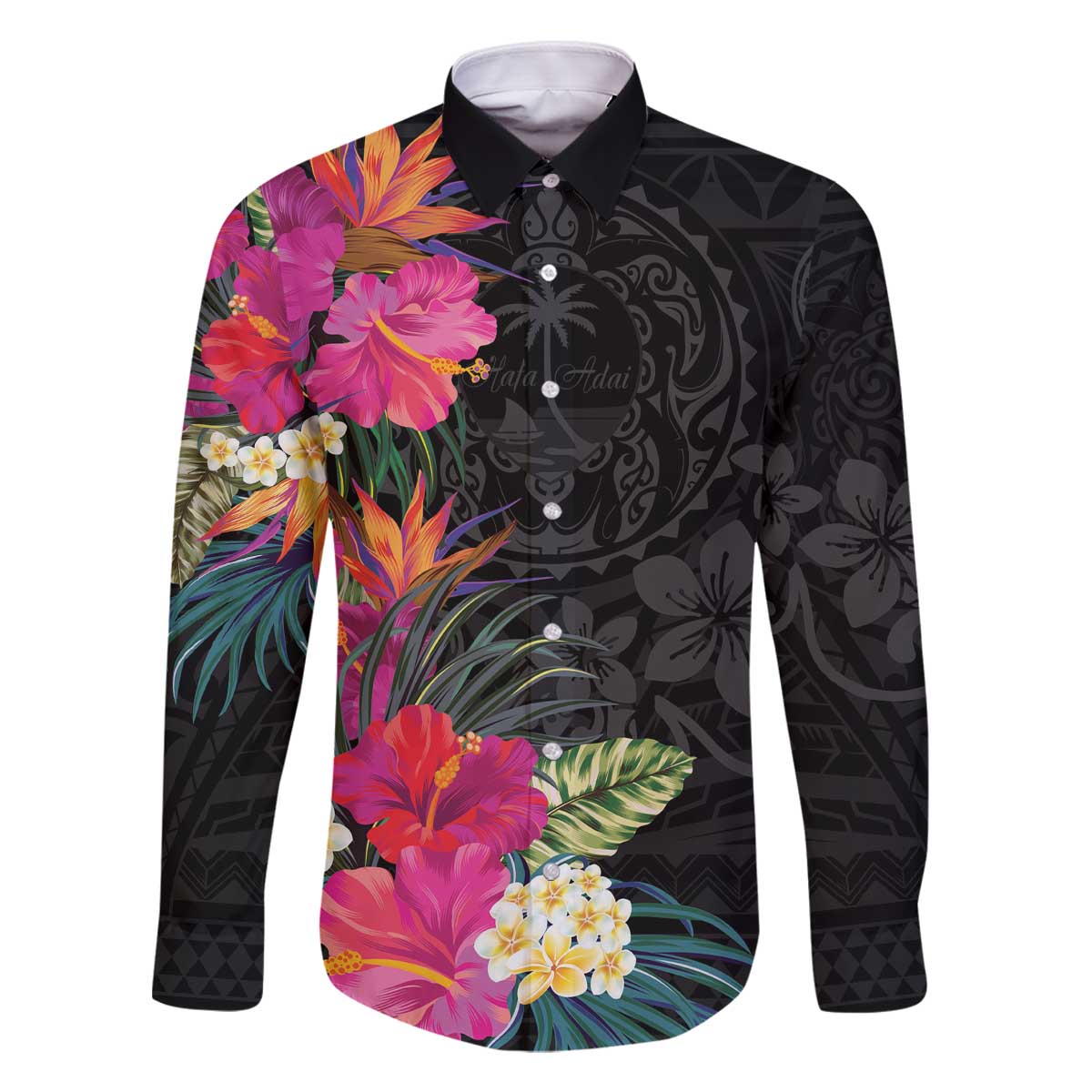 Hafa Adai Guam Family Matching Off Shoulder Short Dress and Hawaiian Shirt Tropical Flowers Colorful Vibes LT9 Dad's Shirt - Long Sleeve Black - Polynesian Pride