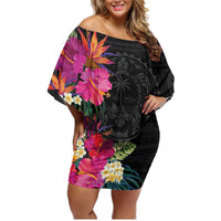Hafa Adai Guam Family Matching Off Shoulder Short Dress and Hawaiian Shirt Tropical Flowers Colorful Vibes LT9 Mom's Dress Black - Polynesian Pride