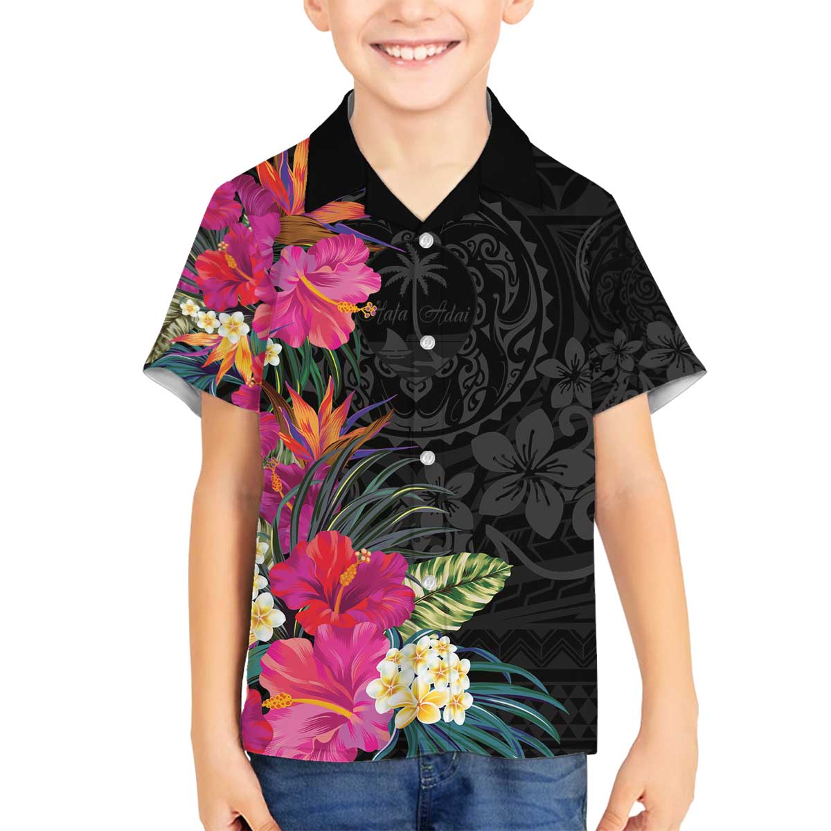 Hafa Adai Guam Family Matching Off Shoulder Short Dress and Hawaiian Shirt Tropical Flowers Colorful Vibes LT9 Son's Shirt Black - Polynesian Pride