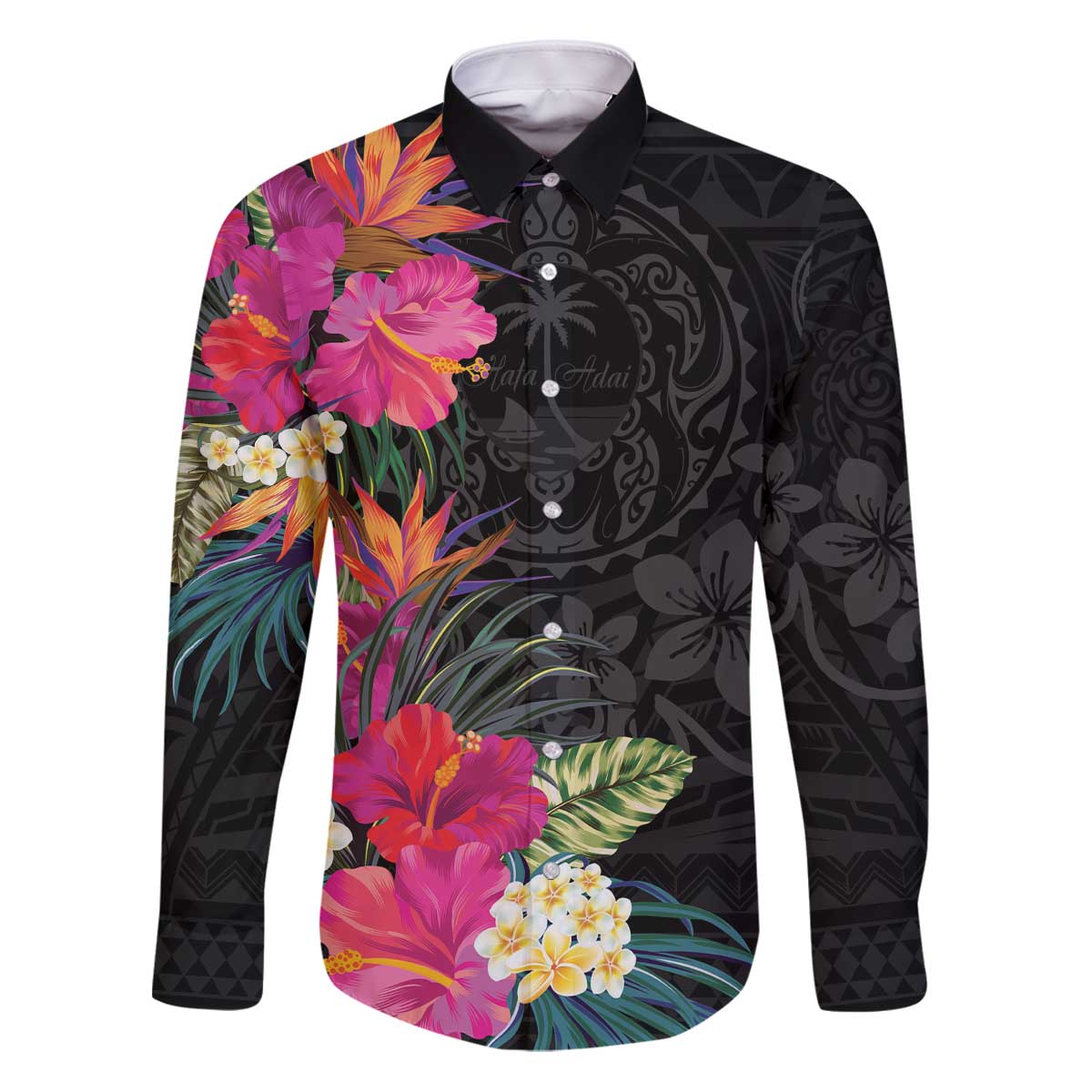 Hafa Adai Guam Family Matching Puletasi and Hawaiian Shirt Tropical Flowers Colorful Vibes LT9 Dad's Shirt - Long Sleeve Black - Polynesian Pride