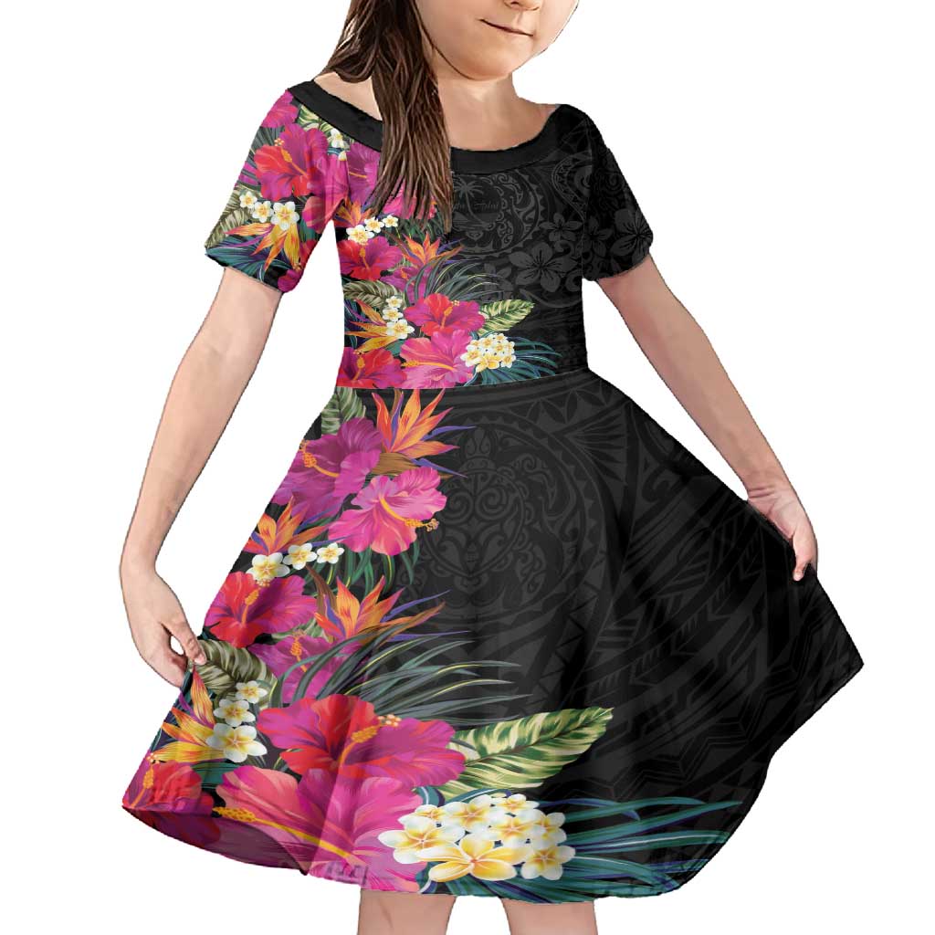 Hafa Adai Guam Family Matching Tank Maxi Dress and Hawaiian Shirt Tropical Flowers Colorful Vibes LT9 Daughter's Dress Black - Polynesian Pride