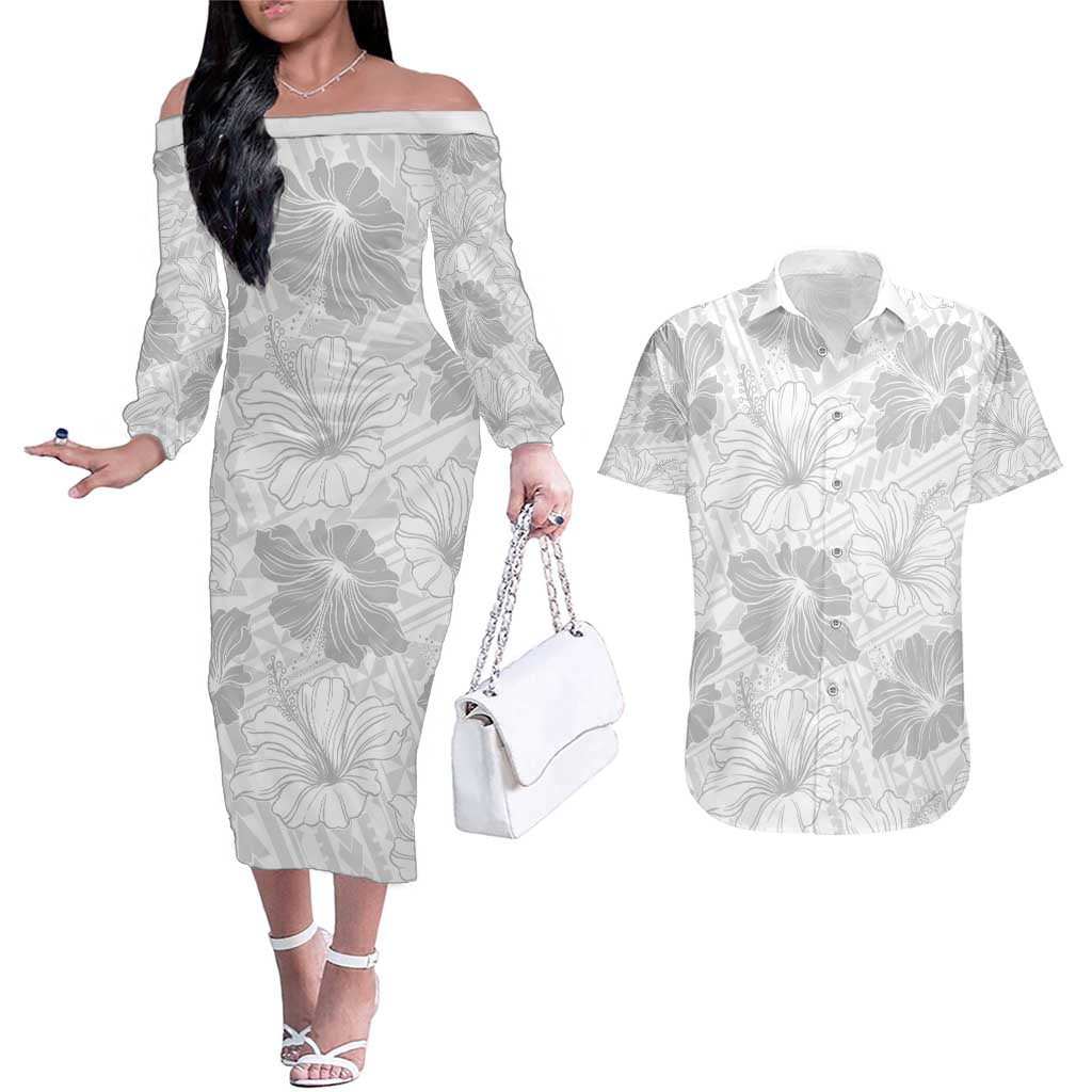 Samoa Lotu Tamaiti Couples Matching Off The Shoulder Long Sleeve Dress and Hawaiian Shirt White Sun Day Beauty Hibiscus Ver01 LT9 White - Polynesian Pride