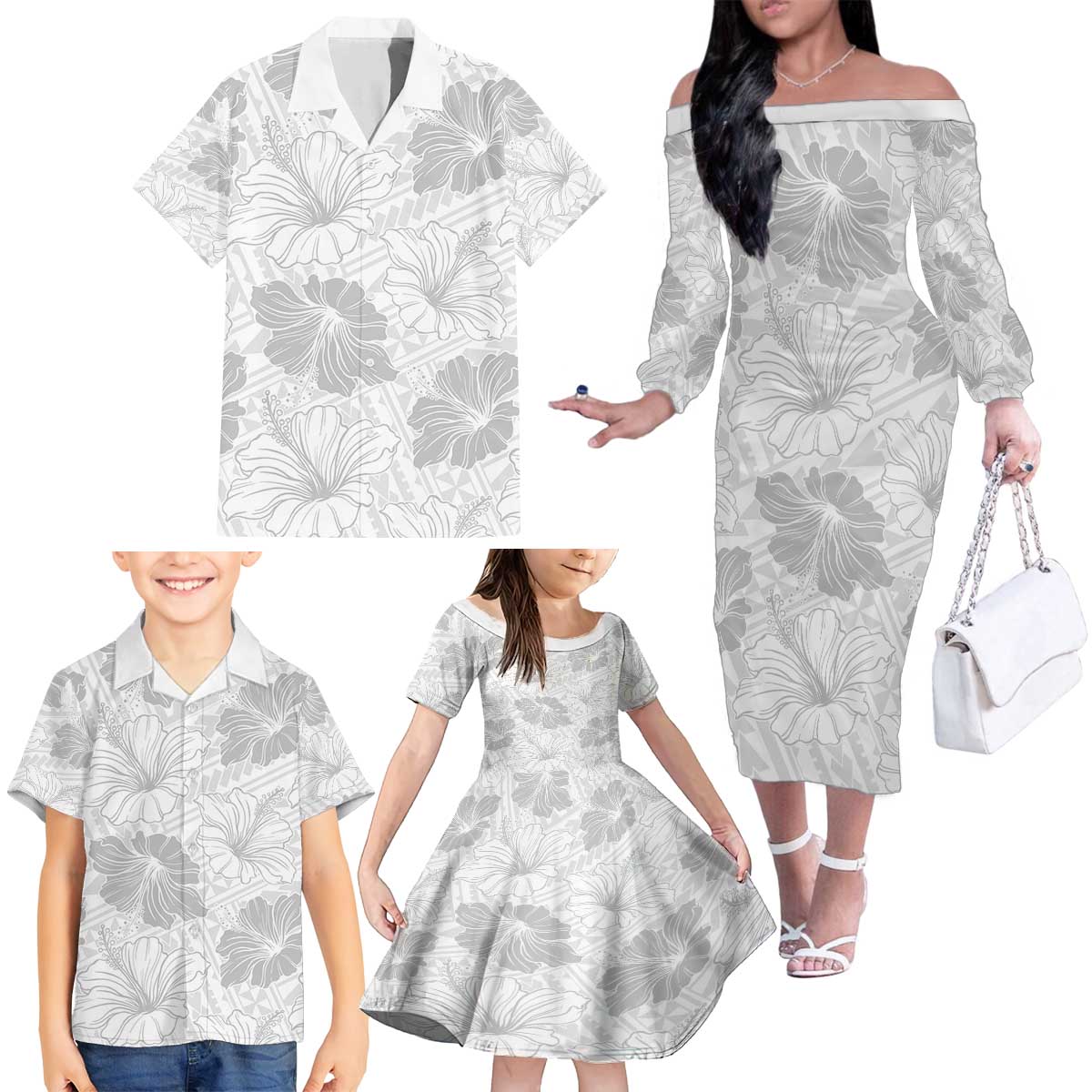 Samoa Lotu Tamaiti Family Matching Off The Shoulder Long Sleeve Dress and Hawaiian Shirt White Sun Day Beauty Hibiscus Ver01 LT9 - Polynesian Pride