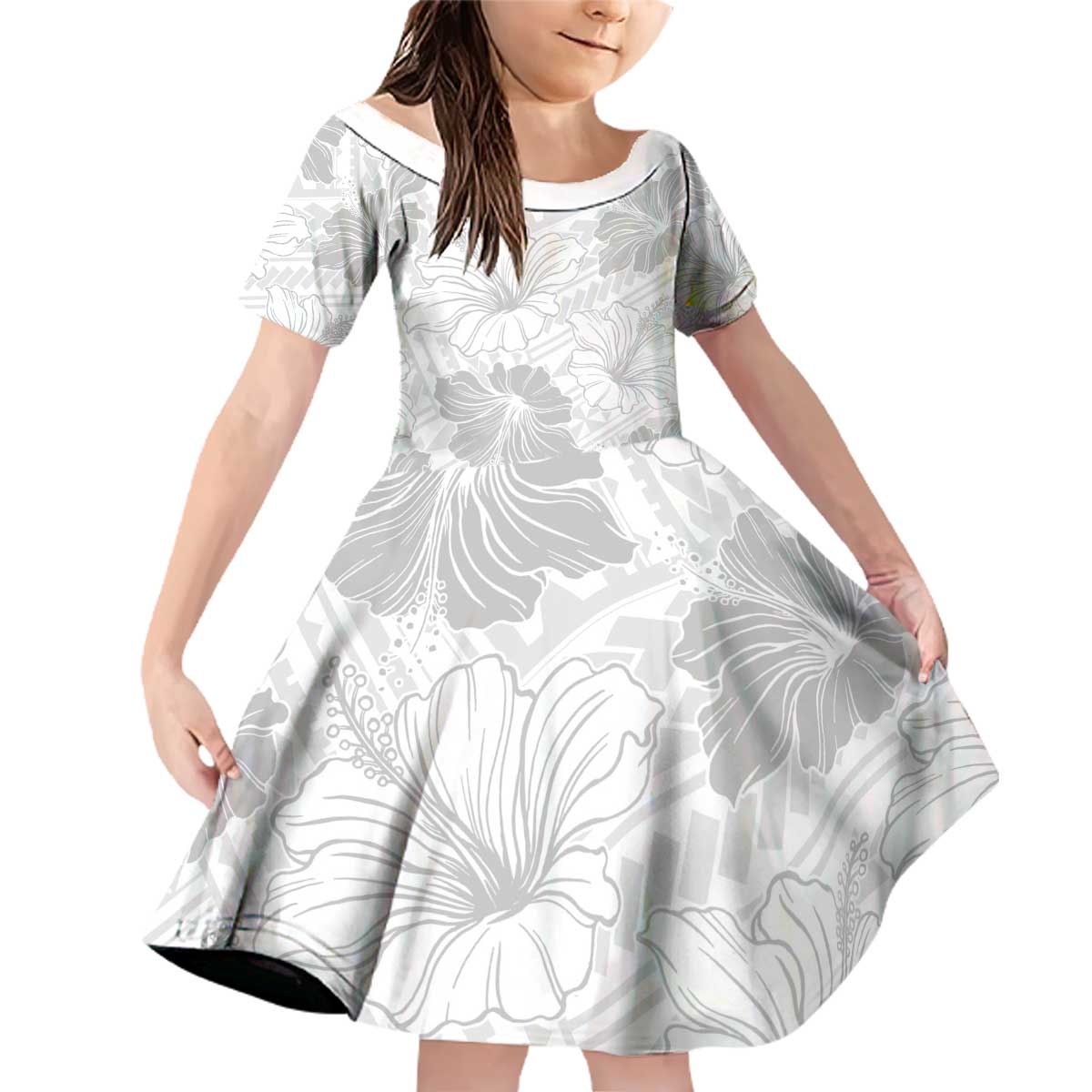 Samoa Lotu Tamaiti Family Matching Off Shoulder Short Dress and Hawaiian Shirt White Sun Day Beauty Hibiscus Ver01 LT9 Daughter's Dress White - Polynesian Pride