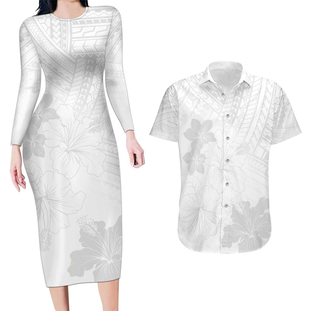 Samoa Lotu Tamaiti Couples Matching Long Sleeve Bodycon Dress and Hawaiian Shirt White Sun Day Beauty Hibiscus Ver02 LT9 White - Polynesian Pride