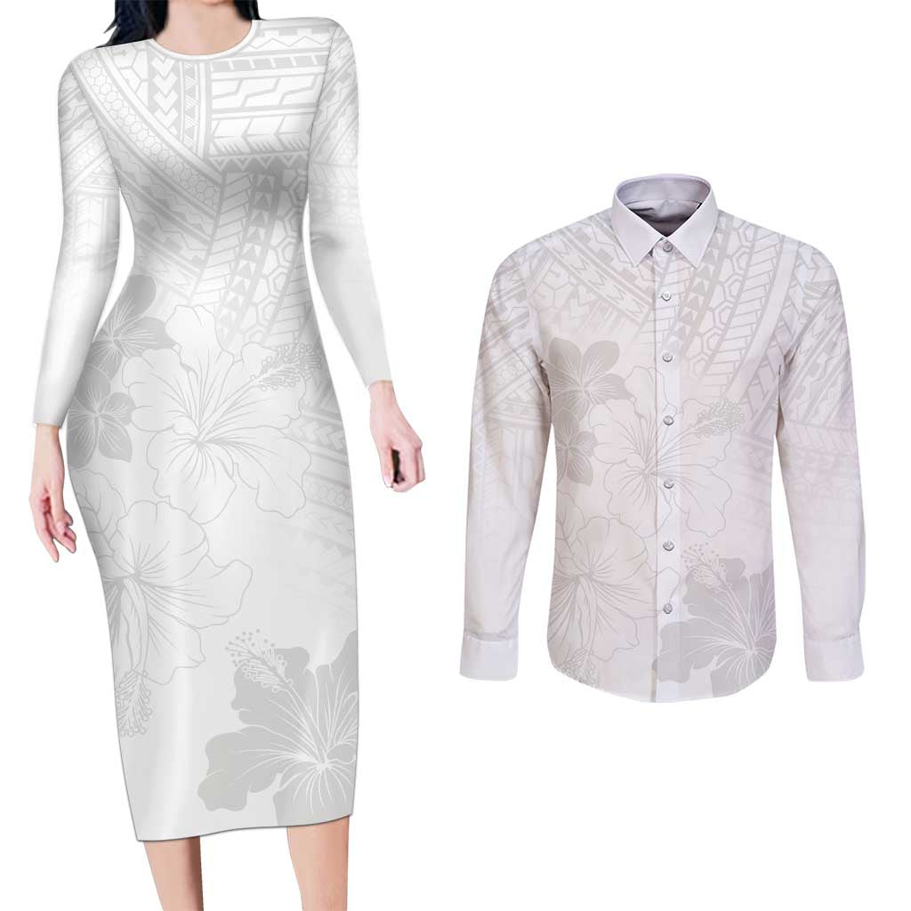 Samoa Lotu Tamaiti Couples Matching Long Sleeve Bodycon Dress and Long Sleeve Button Shirt White Sun Day Beauty Hibiscus Ver02 LT9 White - Polynesian Pride