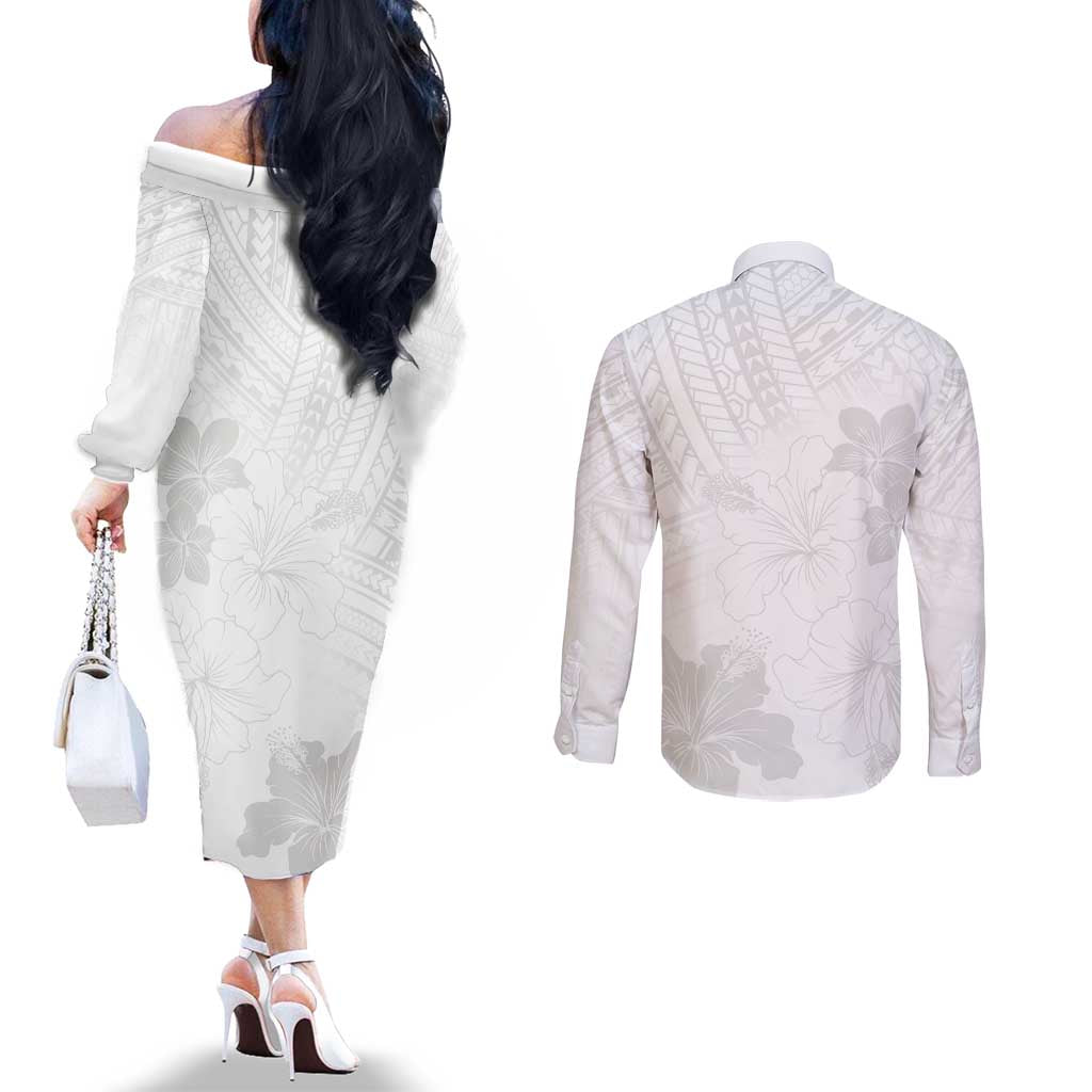 Samoa Lotu Tamaiti Couples Matching Off The Shoulder Long Sleeve Dress and Long Sleeve Button Shirt White Sun Day Beauty Hibiscus Ver02 LT9 - Polynesian Pride
