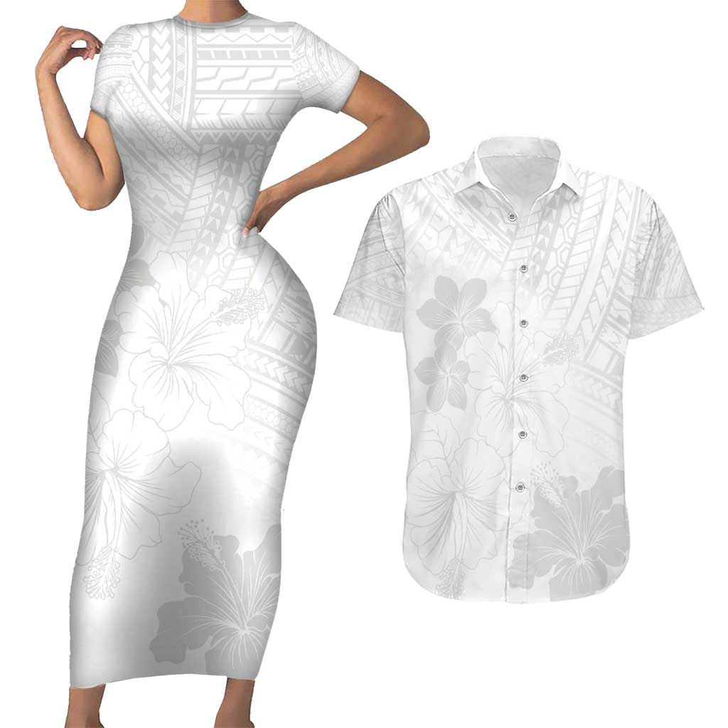Samoa Lotu Tamaiti Couples Matching Short Sleeve Bodycon Dress and Hawaiian Shirt White Sun Day Beauty Hibiscus Ver02 LT9 White - Polynesian Pride