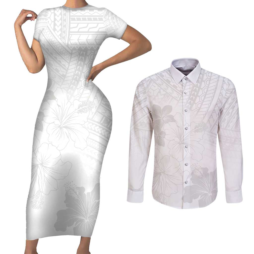 Samoa Lotu Tamaiti Couples Matching Short Sleeve Bodycon Dress and Long Sleeve Button Shirt White Sun Day Beauty Hibiscus Ver02 LT9 White - Polynesian Pride