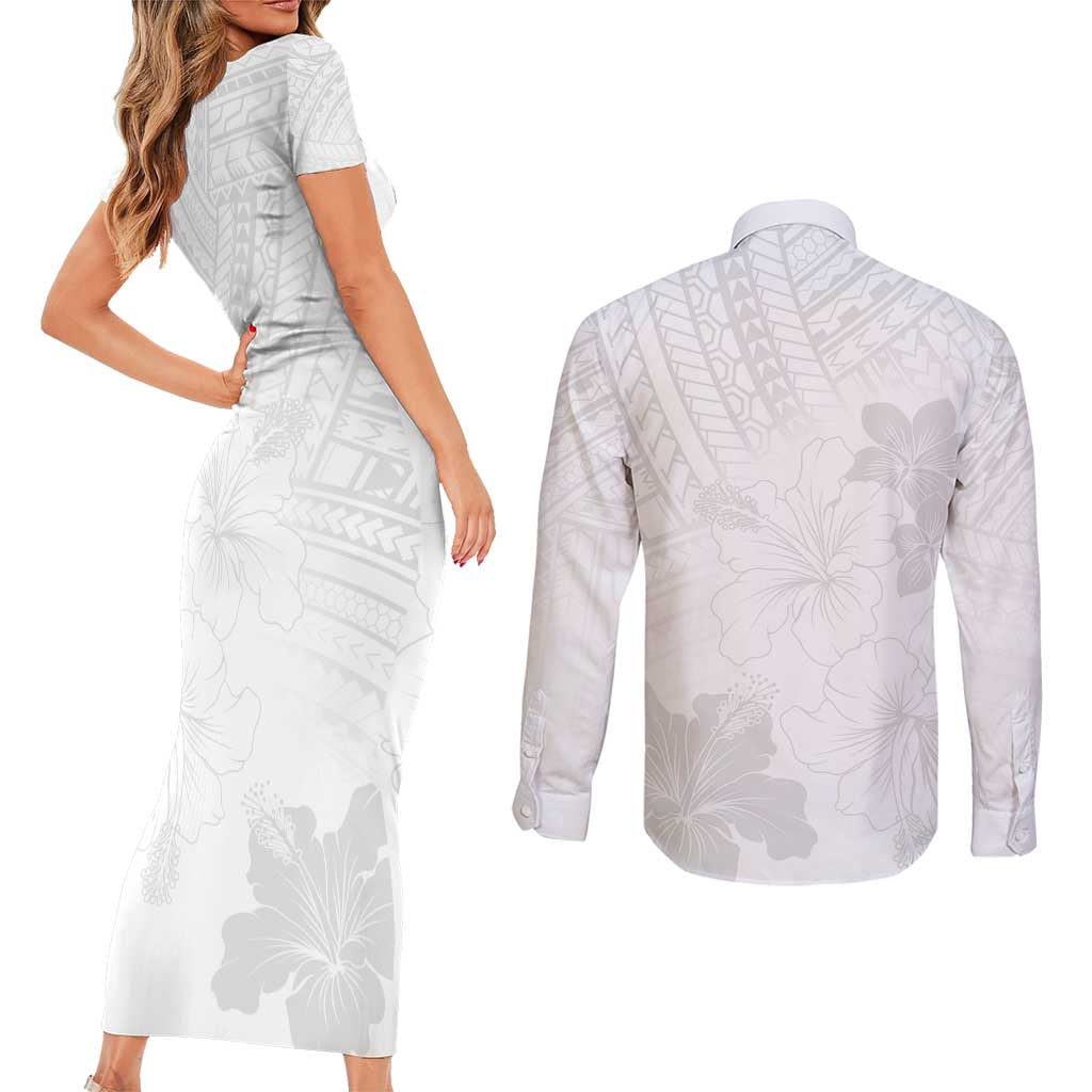 Samoa Lotu Tamaiti Couples Matching Short Sleeve Bodycon Dress and Long Sleeve Button Shirt White Sun Day Beauty Hibiscus Ver02 LT9 - Polynesian Pride