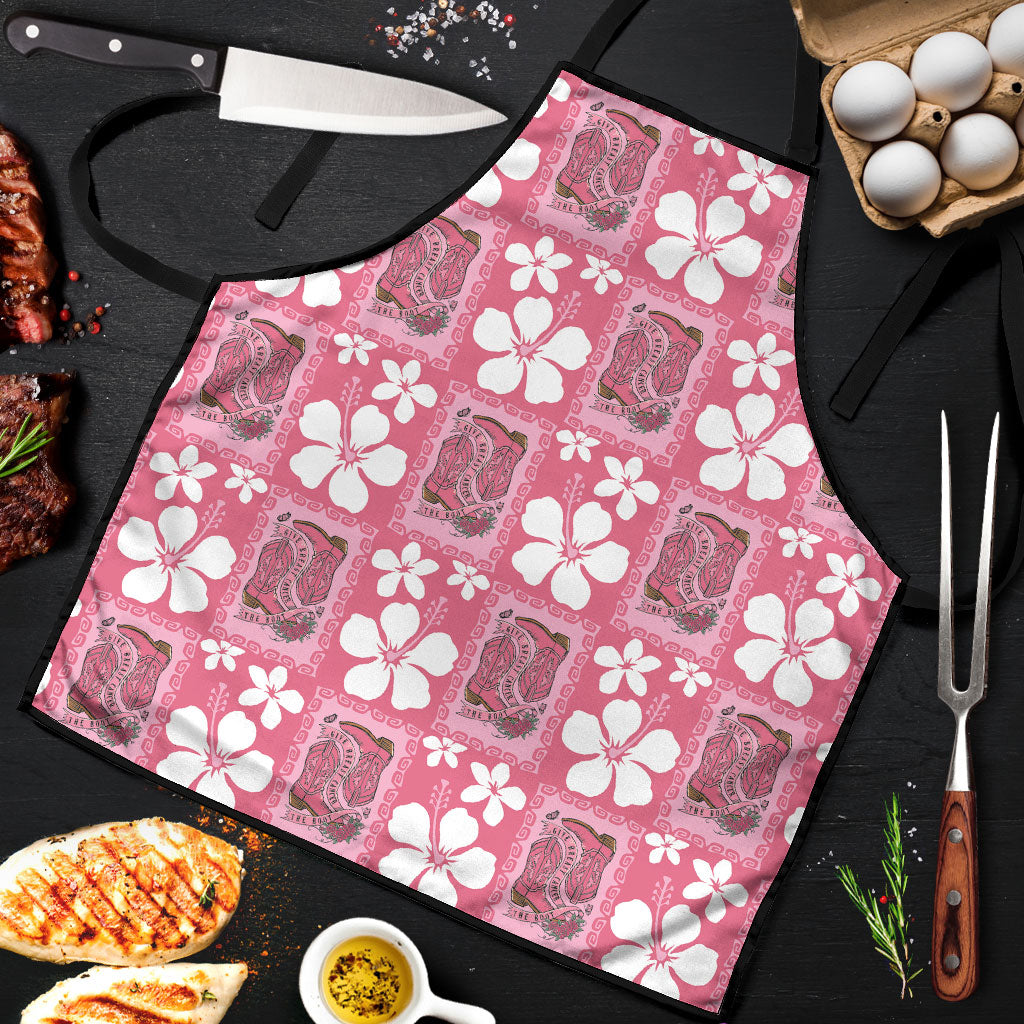 Give Cancer The Boot Pink Cowgirl Apron Western Aloha Hibiscus Paniolo Heritage Floral LT9 Pink - Polynesian Pride
