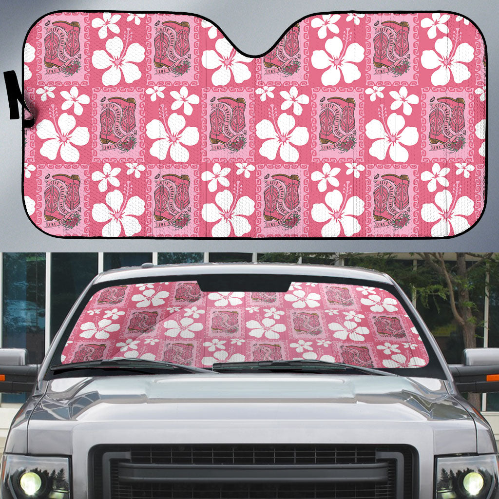 Give Cancer The Boot Pink Cowgirl Auto Sun Shade Western Aloha Hibiscus Paniolo Heritage Floral LT9 Pink - Polynesian Pride
