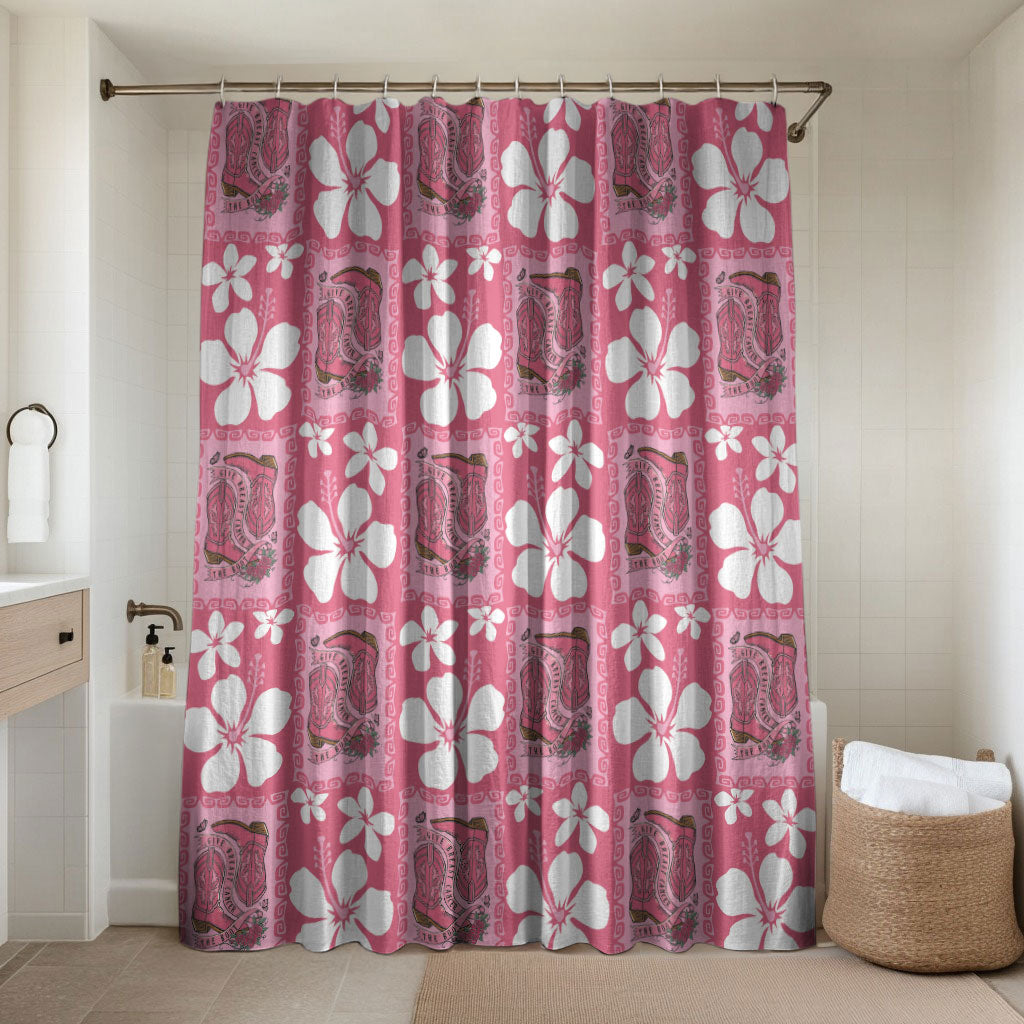 Give Cancer The Boot Pink Cowgirl Bathroom Set Western Aloha Hibiscus Paniolo Heritage Floral LT9 Shower Curtain Only Pink - Polynesian Pride