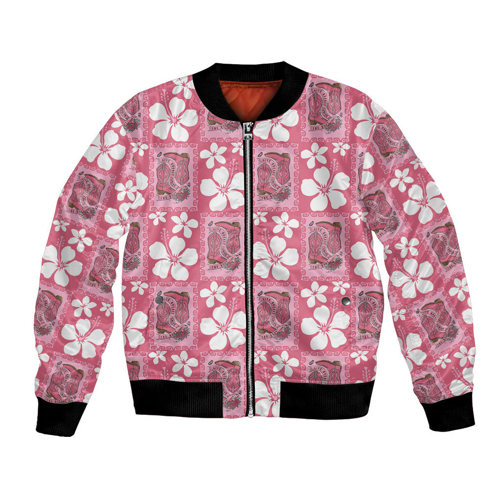 Give Cancer The Boot Pink Cowgirl Bomber Jacket Western Aloha Hibiscus Paniolo Heritage Floral
