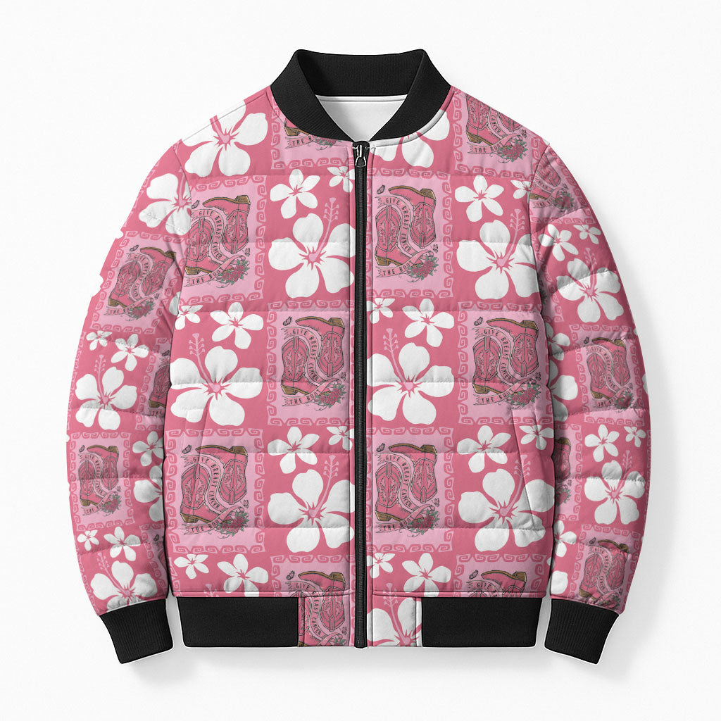 Give Cancer The Boot Pink Cowgirl Bomber Puffer Jacket Western Aloha Hibiscus Paniolo Heritage Floral