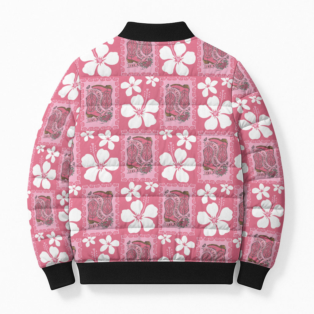 Give Cancer The Boot Pink Cowgirl Bomber Puffer Jacket Western Aloha Hibiscus Paniolo Heritage Floral LT9 - Polynesian Pride