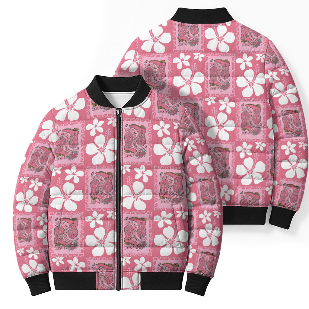 Give Cancer The Boot Pink Cowgirl Bomber Puffer Jacket Western Aloha Hibiscus Paniolo Heritage Floral LT9 - Polynesian Pride