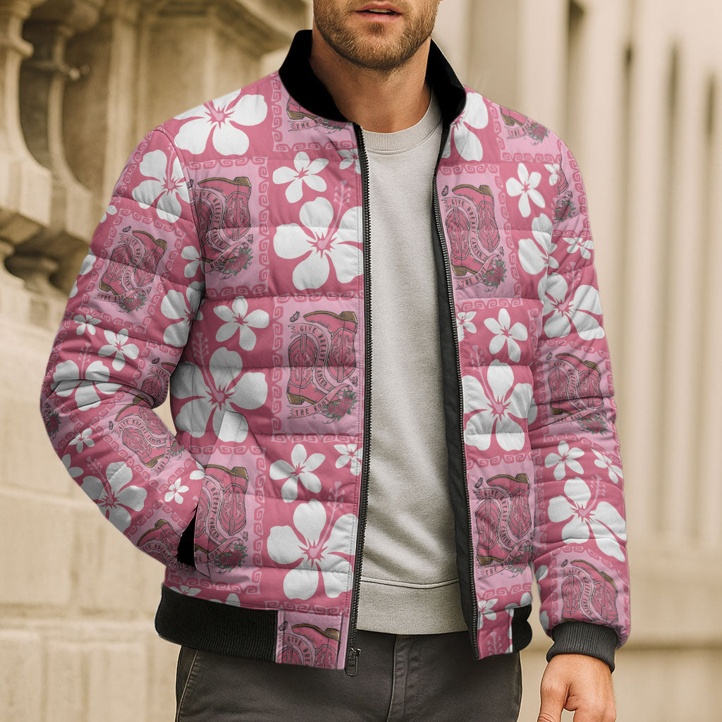 Give Cancer The Boot Pink Cowgirl Bomber Puffer Jacket Western Aloha Hibiscus Paniolo Heritage Floral LT9 - Polynesian Pride