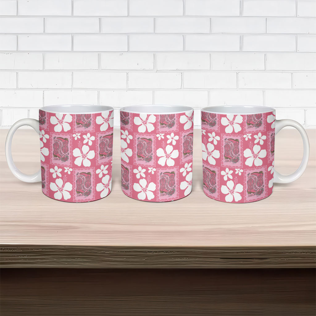 Give Cancer The Boot Pink Cowgirl Ceramic Mug Western Aloha Hibiscus Paniolo Heritage Floral LT9 - Polynesian Pride