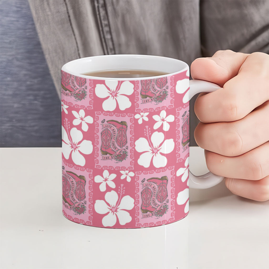 Give Cancer The Boot Pink Cowgirl Ceramic Mug Western Aloha Hibiscus Paniolo Heritage Floral LT9 - Polynesian Pride