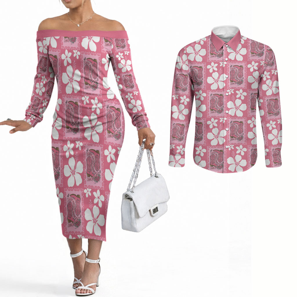 Give Cancer The Boot Pink Cowgirl Couples Matching Off The Shoulder Long Sleeve Dress and Long Sleeve Button Shirt Western Aloha Hibiscus Paniolo Heritage Floral LT9 Pink - Polynesian Pride