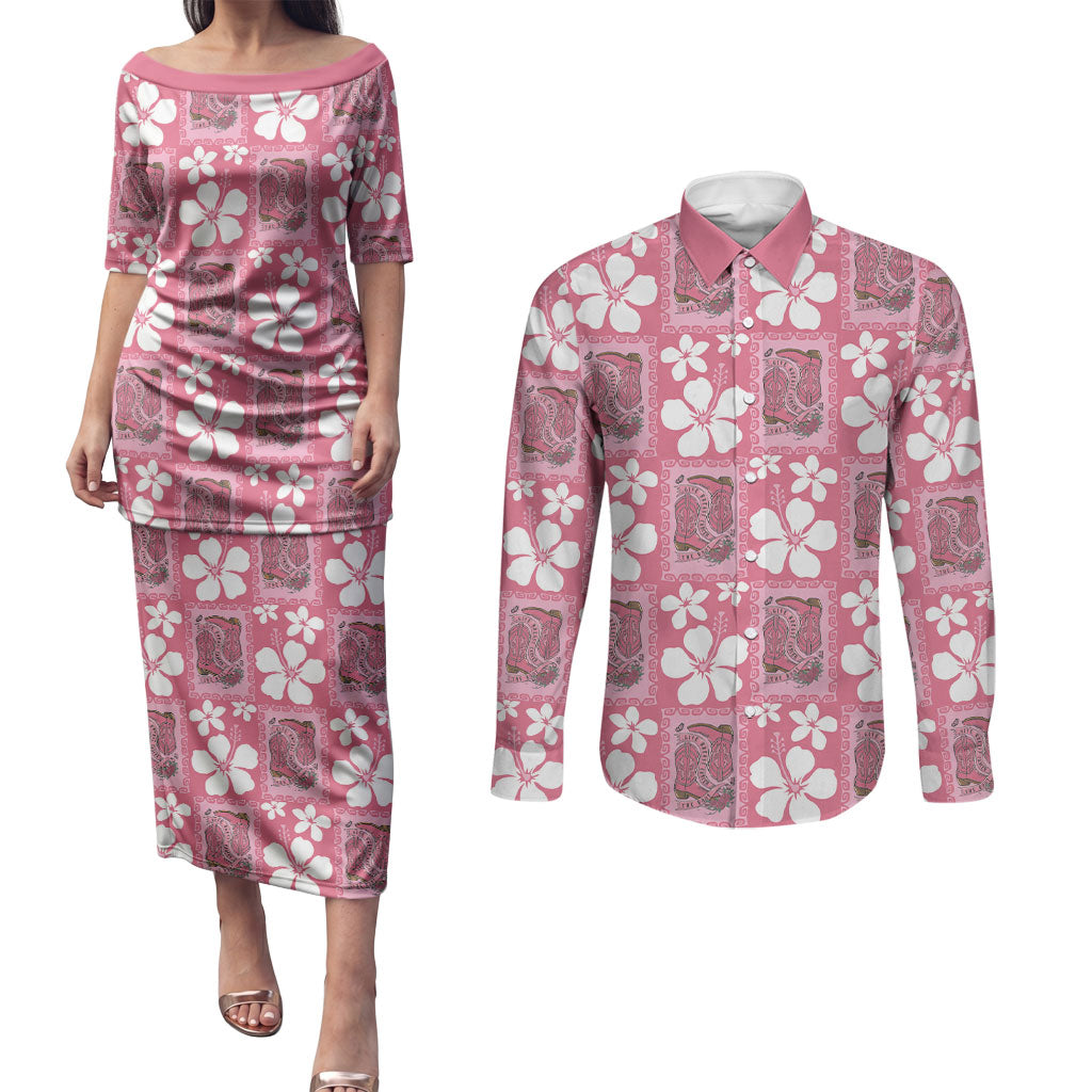 Give Cancer The Boot Pink Cowgirl Couples Matching Puletasi and Long Sleeve Button Shirt Western Aloha Hibiscus Paniolo Heritage Floral LT9 Pink - Polynesian Pride