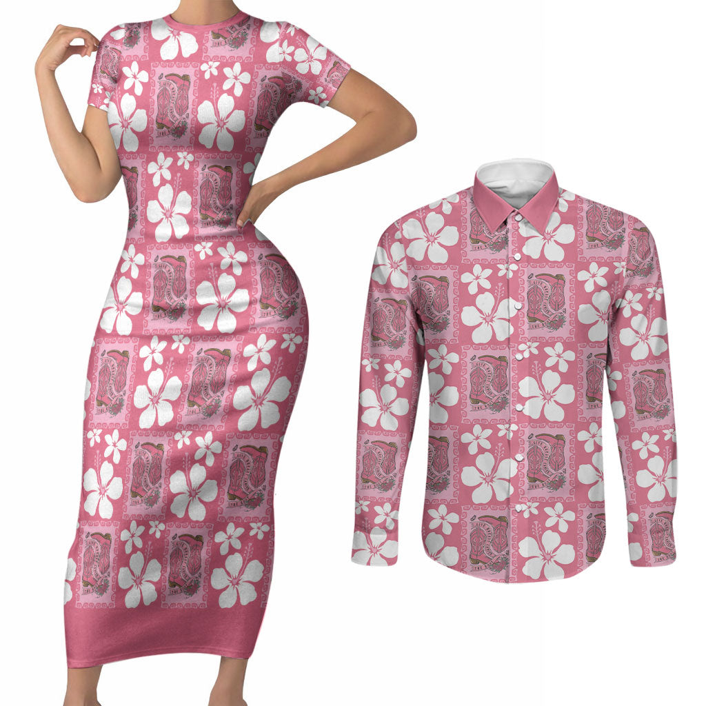 Give Cancer The Boot Pink Cowgirl Couples Matching Short Sleeve Bodycon Dress and Long Sleeve Button Shirt Western Aloha Hibiscus Paniolo Heritage Floral LT9 Pink - Polynesian Pride