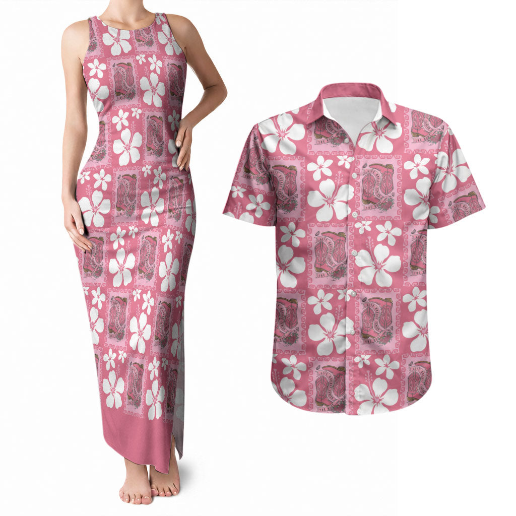 Give Cancer The Boot Pink Cowgirl Couples Matching Tank Maxi Dress and Hawaiian Shirt Western Aloha Hibiscus Paniolo Heritage Floral
