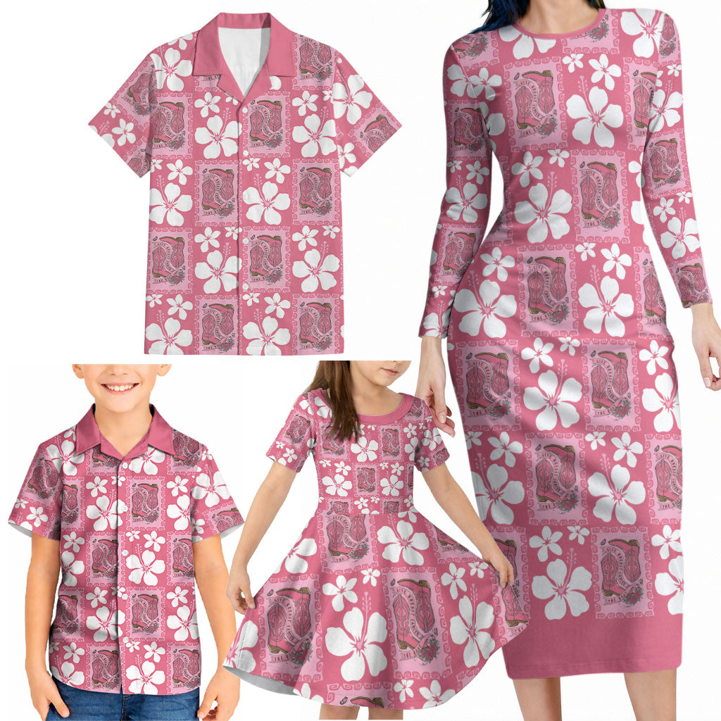 Give Cancer The Boot Pink Cowgirl Family Matching Long Sleeve Bodycon Dress and Hawaiian Shirt Western Aloha Hibiscus Paniolo Heritage Floral LT9 - Polynesian Pride