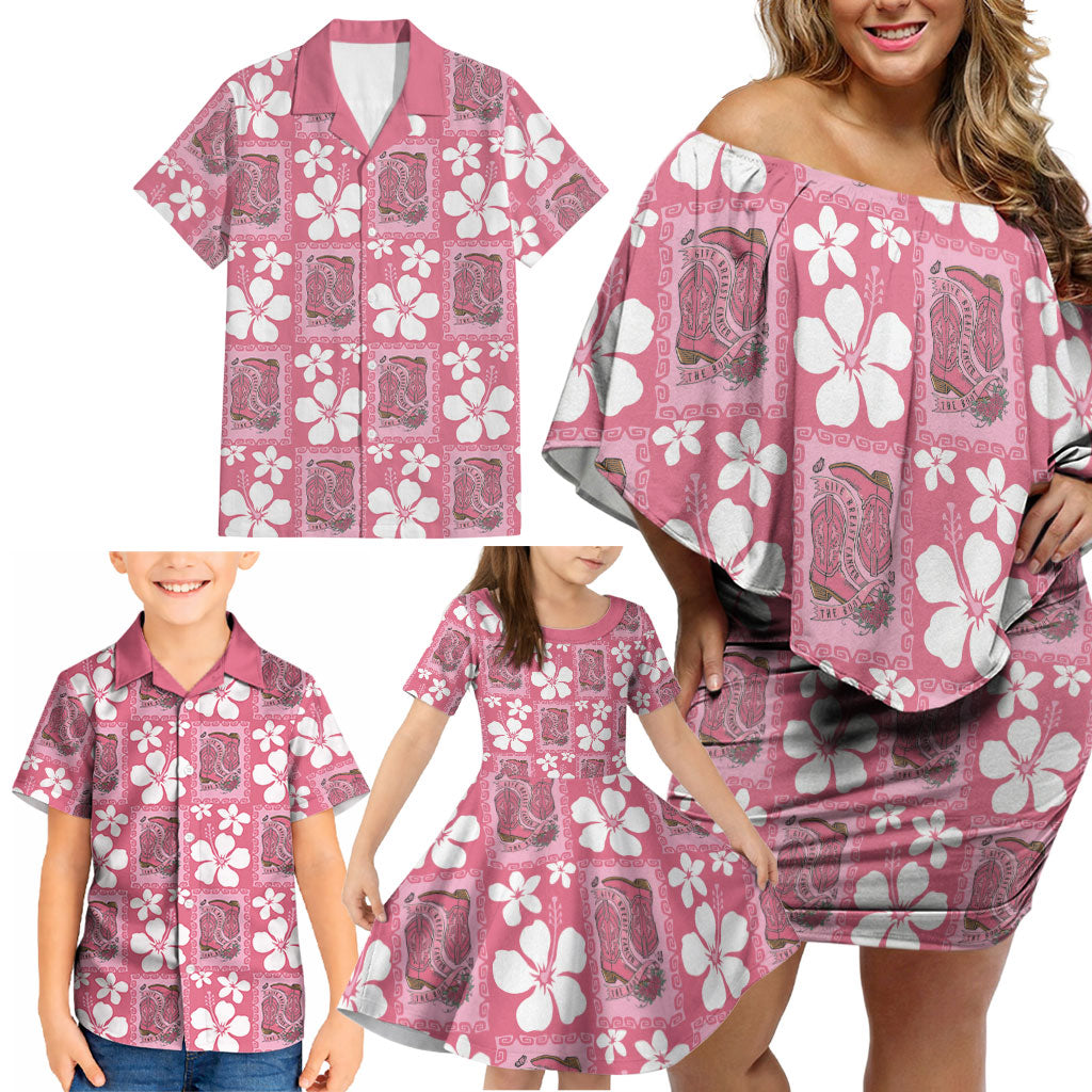 Give Cancer The Boot Pink Cowgirl Family Matching Off Shoulder Short Dress and Hawaiian Shirt Western Aloha Hibiscus Paniolo Heritage Floral LT9 - Polynesian Pride